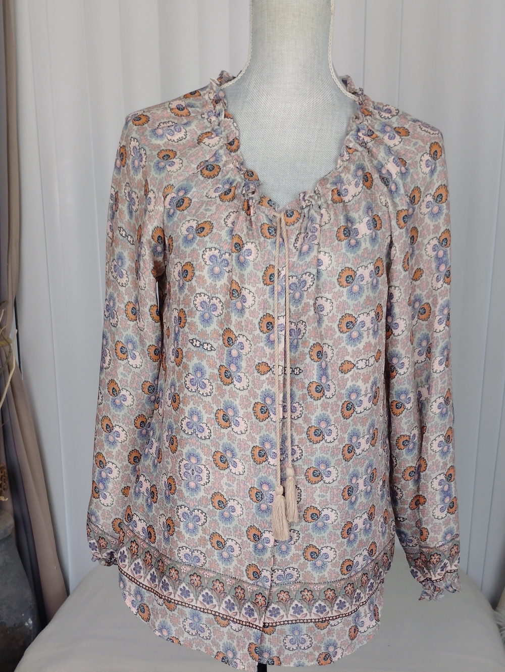 Vintage America Boho Floral Tie-Neck Long-Sleeve Top.